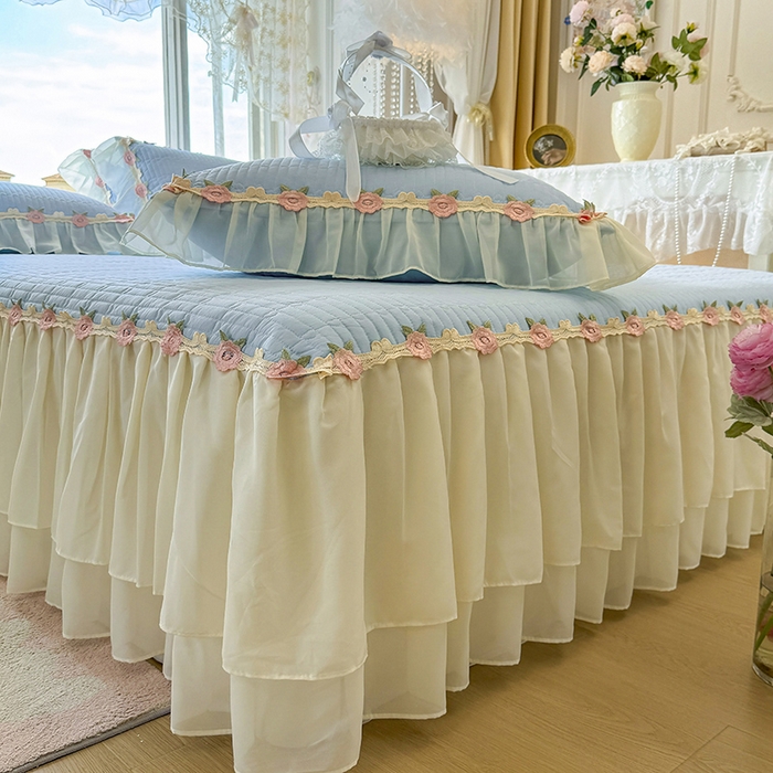 91家纺网 家纺一手货源 找家纺 虹星家纺 2025新款玫瑰花语全棉纯棉床裙三件套单床裙床裙单件 玫瑰花语-月影蓝