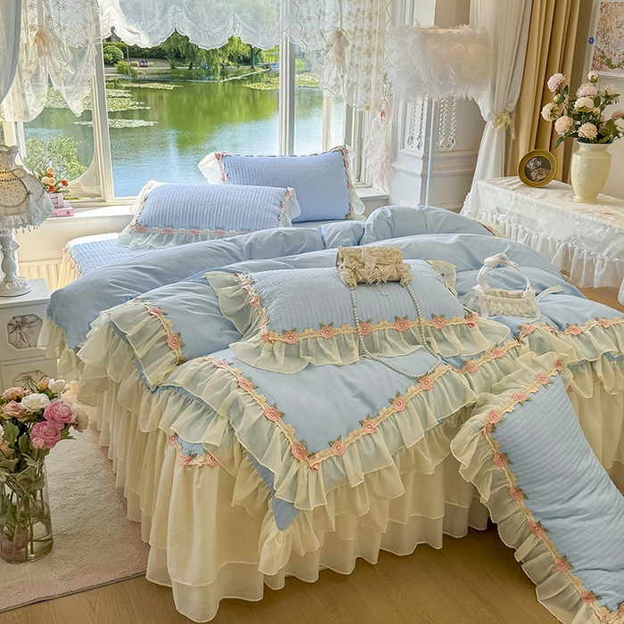 91家纺网 家纺一手货源 找家纺 虹星家纺 2025新款玫瑰花语全棉纯棉床裙三件套单床裙床裙单件 玫瑰花语-月影蓝