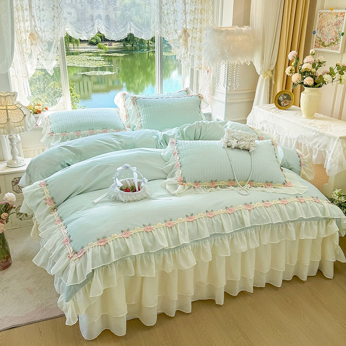 91家纺网 家纺一手货源 找家纺 虹星家纺 2025新款玫瑰花语全棉纯棉床裙三件套单床裙床裙单件 玫瑰花语-抹茶绿