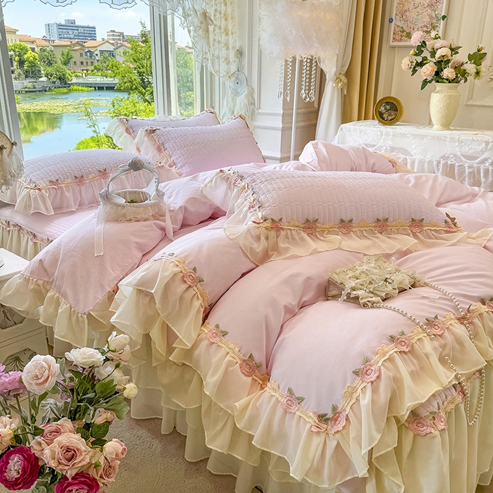 91家纺网 家纺一手货源 找家纺 虹星家纺 2025新款玫瑰花语全棉纯棉床裙三件套单床裙床裙单件 玫瑰花语-樱花粉