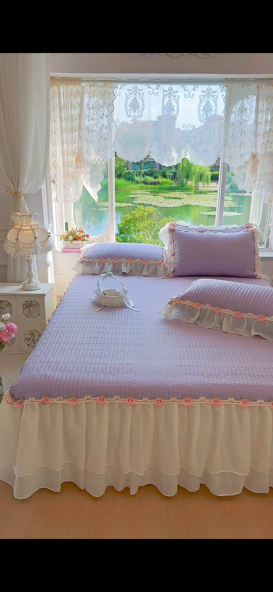 91家纺网 家纺一手货源 找家纺 虹星家纺 2025新款玫瑰花语全棉纯棉床裙三件套单床裙床裙单件 玫瑰花语-紫罗兰