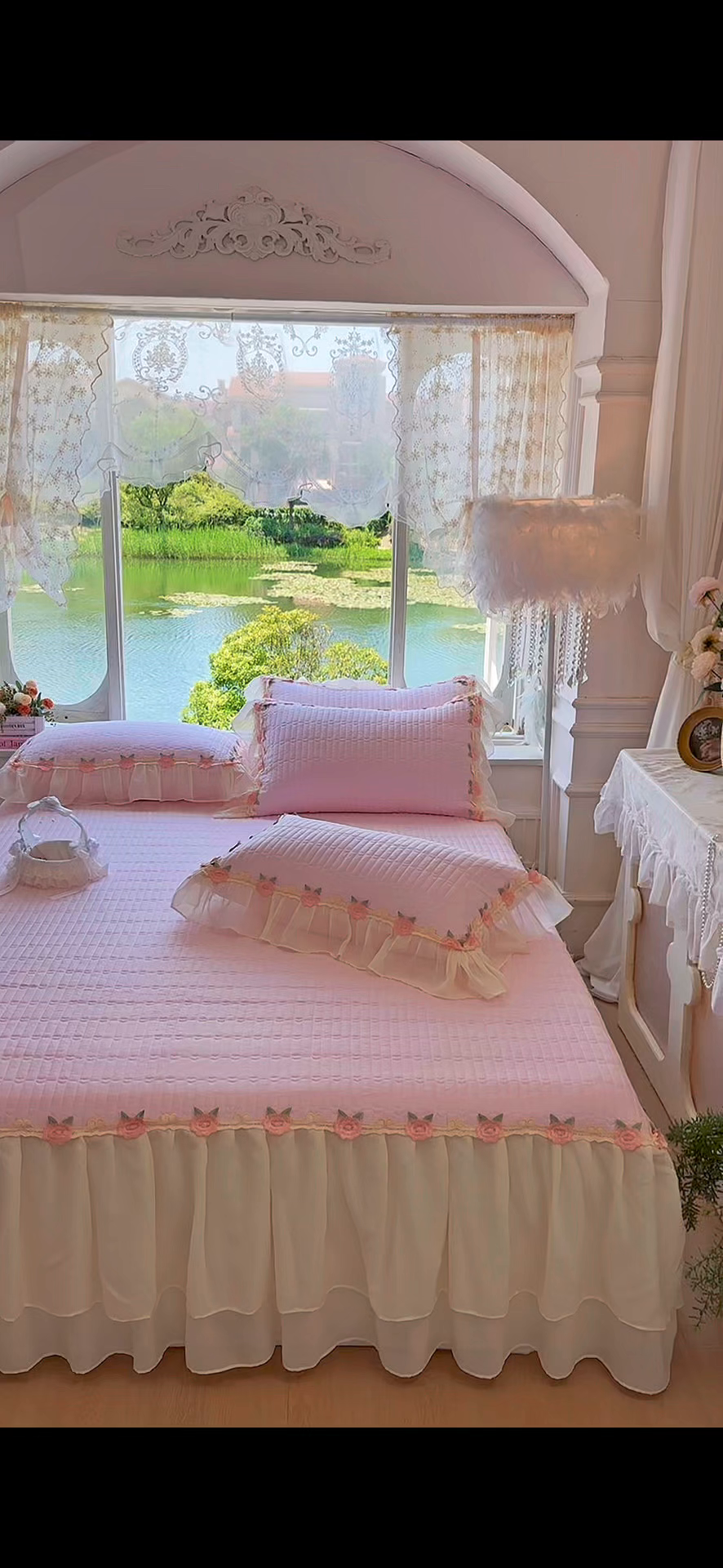 91家纺网 家纺一手货源 找家纺 虹星家纺 2025新款玫瑰花语全棉纯棉床裙三件套单床裙床裙单件 玫瑰花语-樱花粉