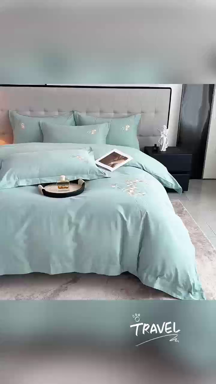 91家纺网 家纺一手货源 找家纺 曼秀琳家纺 2025秋冬新款超柔60s贡缎磨毛刺绣款套件四件套 平安喜乐-苍色