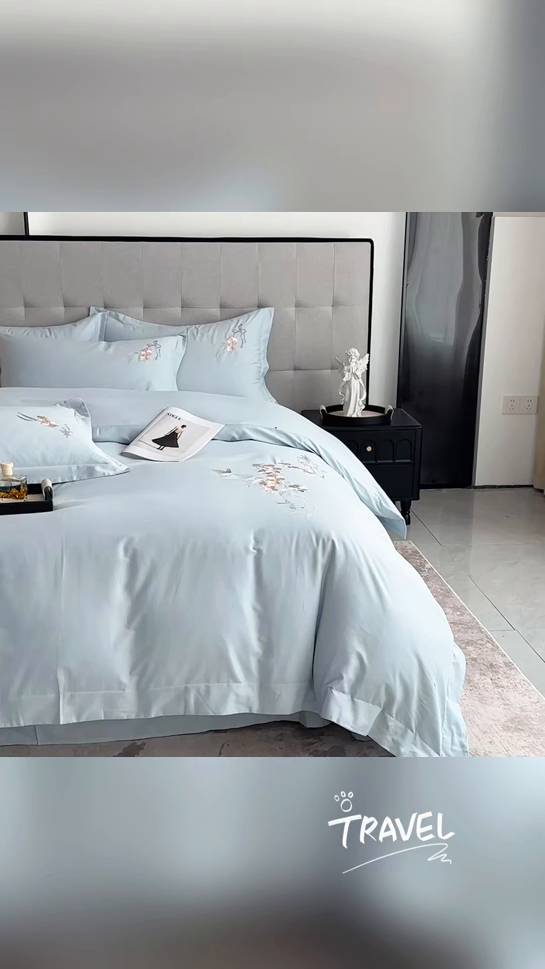 91家纺网 家纺一手货源 找家纺 曼秀琳家纺 2025秋冬新款超柔60s贡缎磨毛刺绣款套件四件套 平安喜乐-洱海蓝