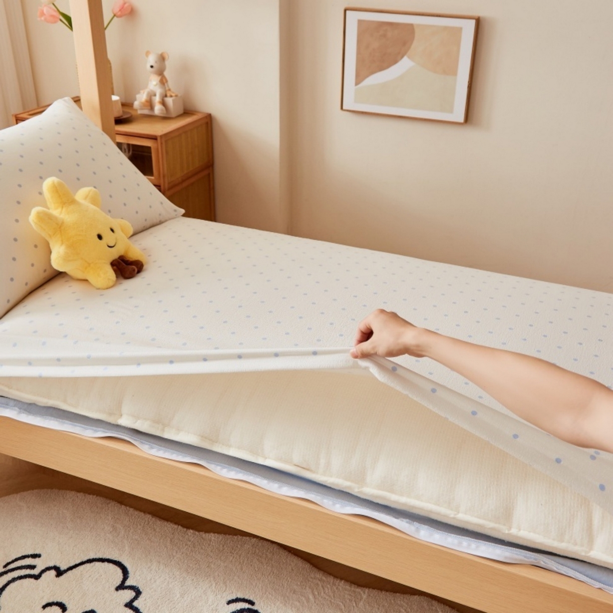 91家纺网 家纺一手货源 找家纺 梦镜家纺 2025新款A类云感水洗棉印花床褥 海盐汤圆