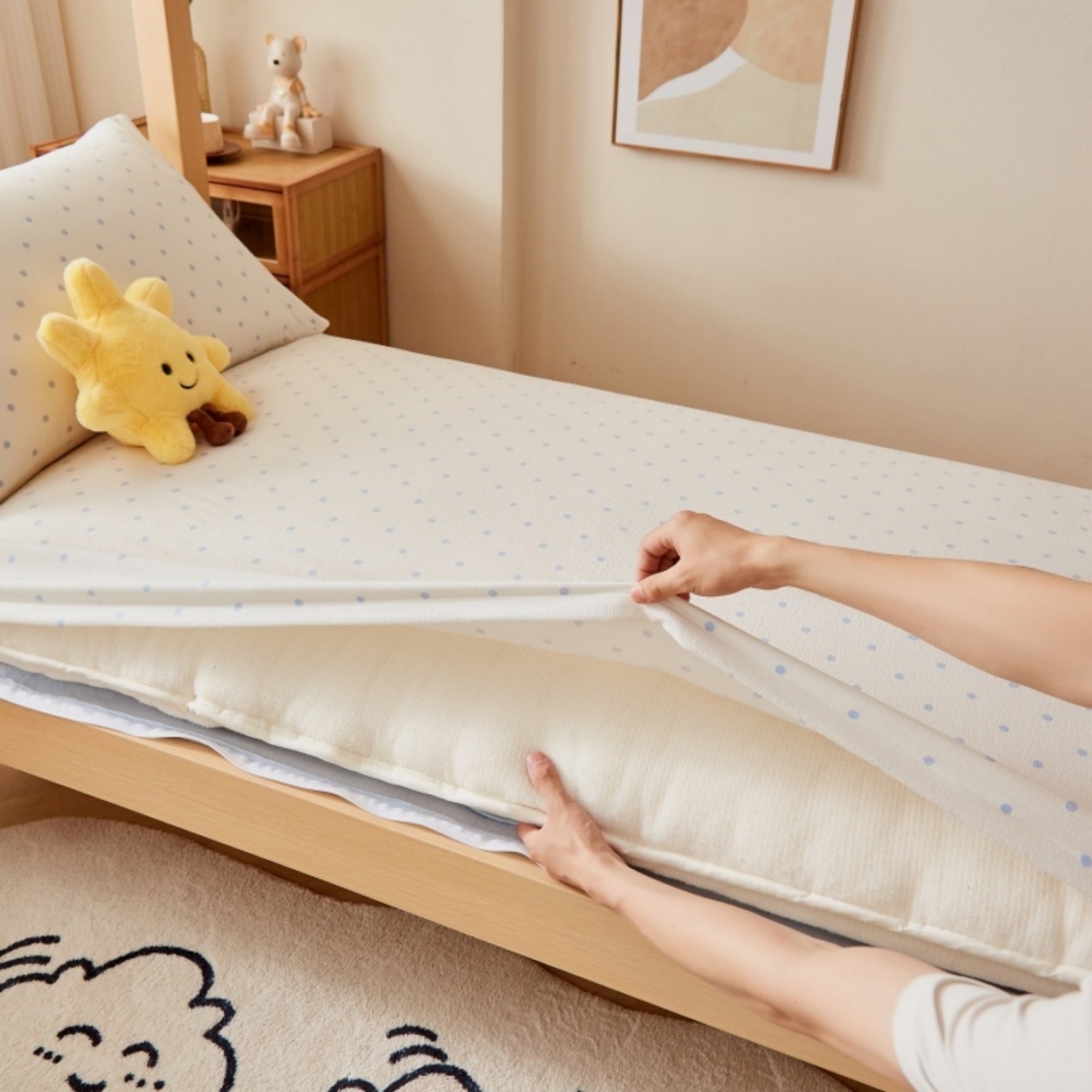 91家纺网 家纺一手货源 找家纺 梦镜家纺 2025新款A类云感水洗棉印花床褥 海盐汤圆