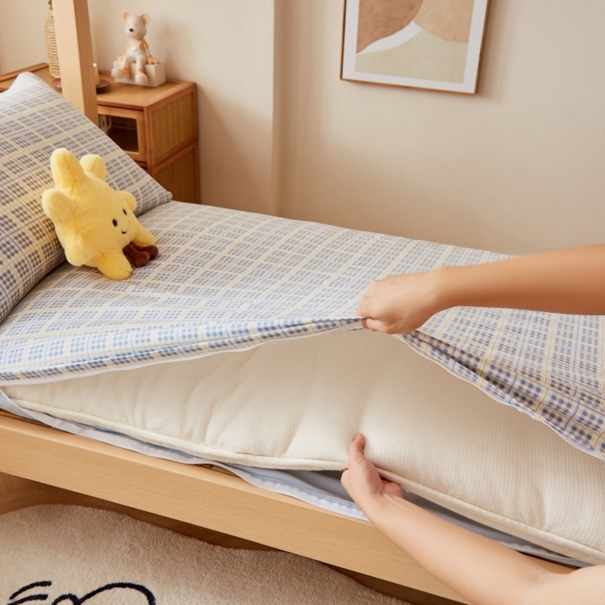 91家纺网 家纺一手货源 找家纺 梦镜家纺 2025新款A类云感水洗棉印花床褥 银河