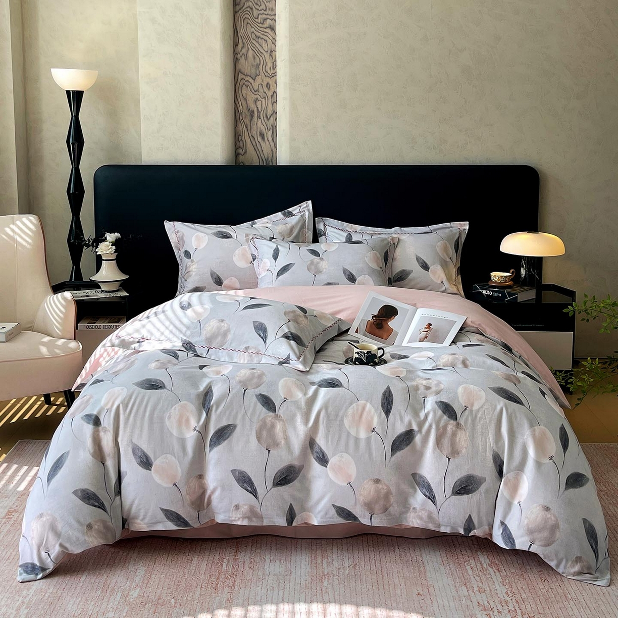 91家纺网 家纺一手货源 找家纺 帅露家纺 2025新款升级疆大白全棉加厚生态磨毛四件套 落英-灰