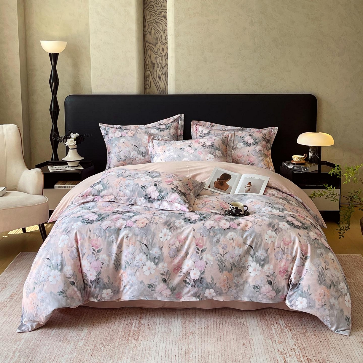 91家纺网 家纺一手货源 找家纺 帅露家纺 2025新款升级疆大白全棉加厚生态磨毛四件套 朝歌-粉