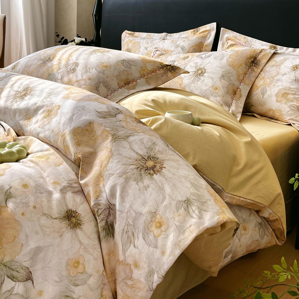 帅露家纺 2025新款升级疆大白全棉加厚生态磨毛四件套 豆蔻年华-黄