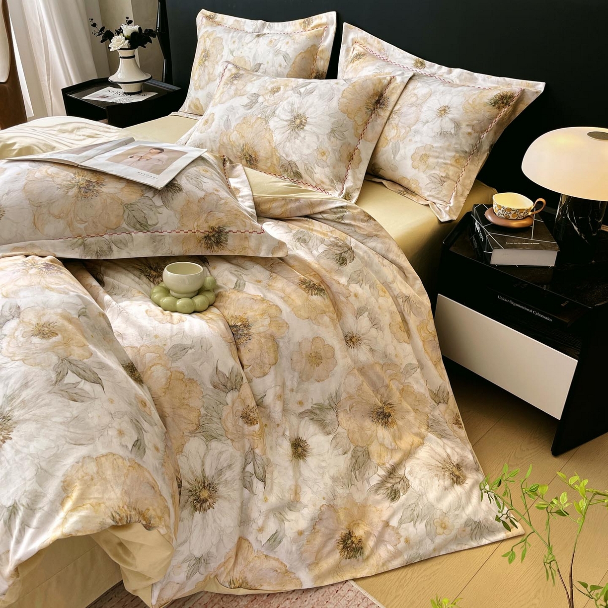 91家纺网 家纺一手货源 找家纺 帅露家纺 2025新款升级疆大白全棉加厚生态磨毛四件套 豆蔻年华-黄