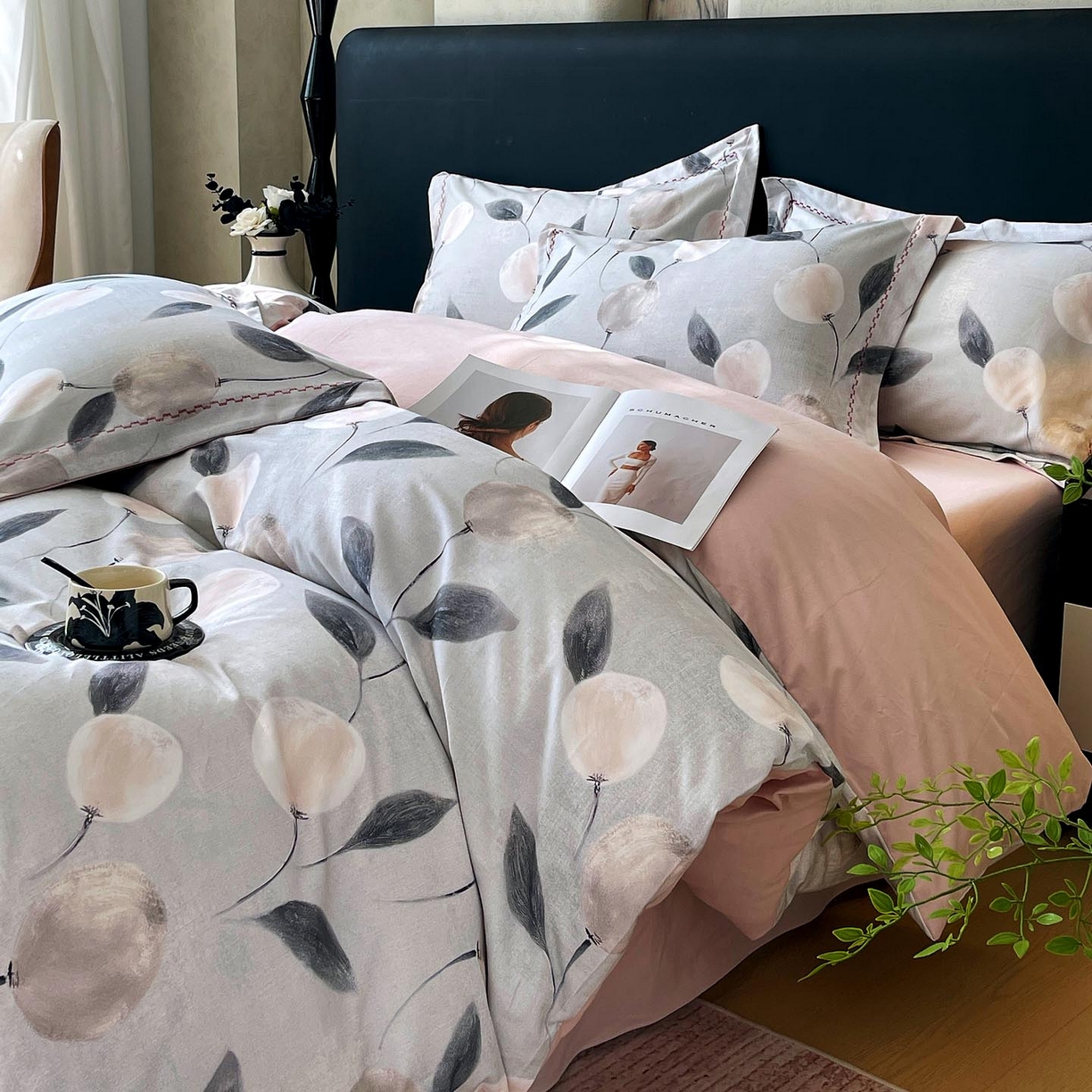 91家纺网 家纺一手货源 找家纺 帅露家纺 2025新款升级疆大白全棉加厚生态磨毛四件套 落英-灰