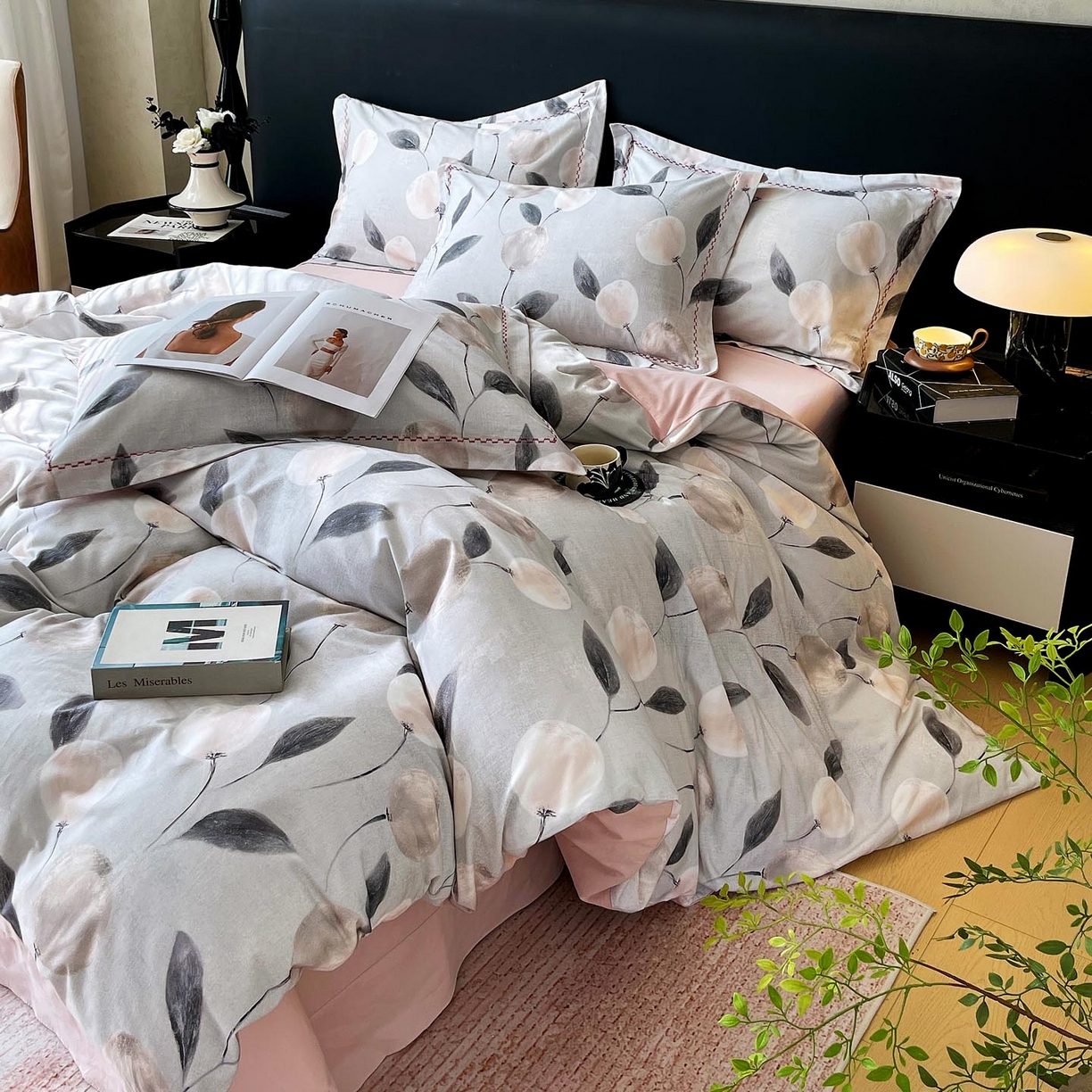 91家纺网 家纺一手货源 找家纺 帅露家纺 2025新款升级疆大白全棉加厚生态磨毛四件套 落英-灰