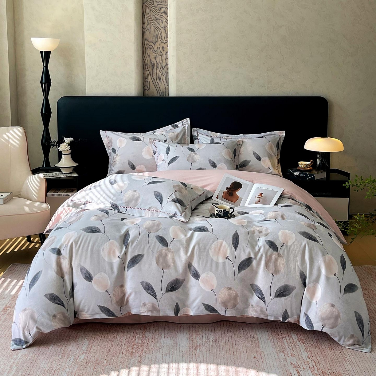 91家纺网 家纺一手货源 找家纺 帅露家纺 2025新款升级疆大白全棉加厚生态磨毛四件套 落英-灰