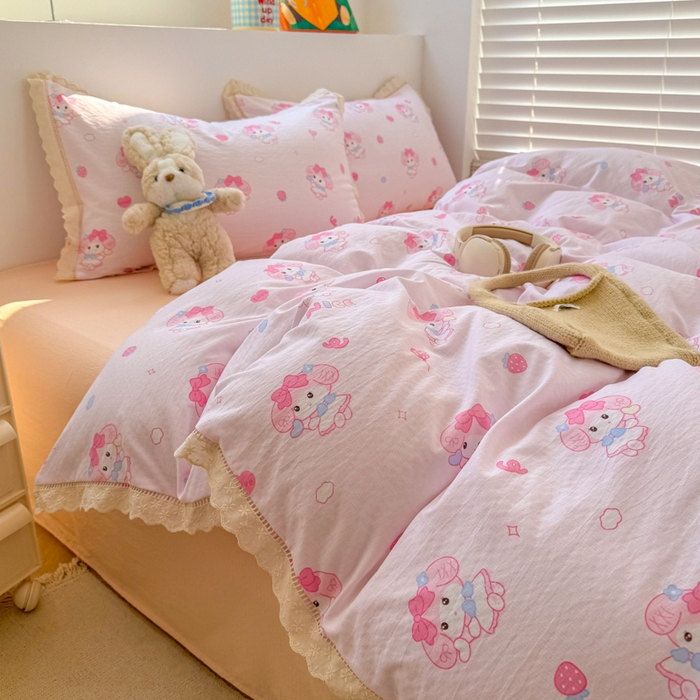 森璐家纺 2025新款亲肤舒适云感双层纱镂空花边四件套 花边款-快乐莓乐蒂