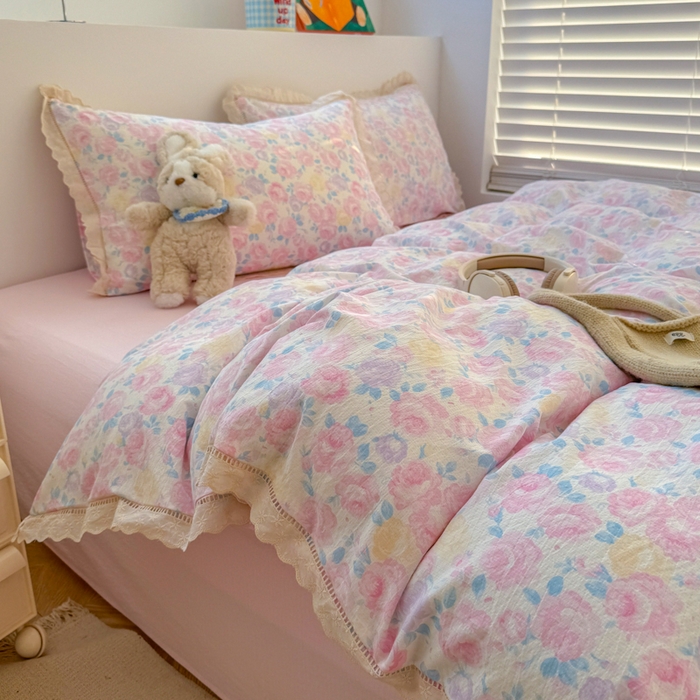 91家纺网 家纺一手货源 找家纺 （总）森璐家纺 2025新款亲肤舒适云感双层纱镂空花边四件套