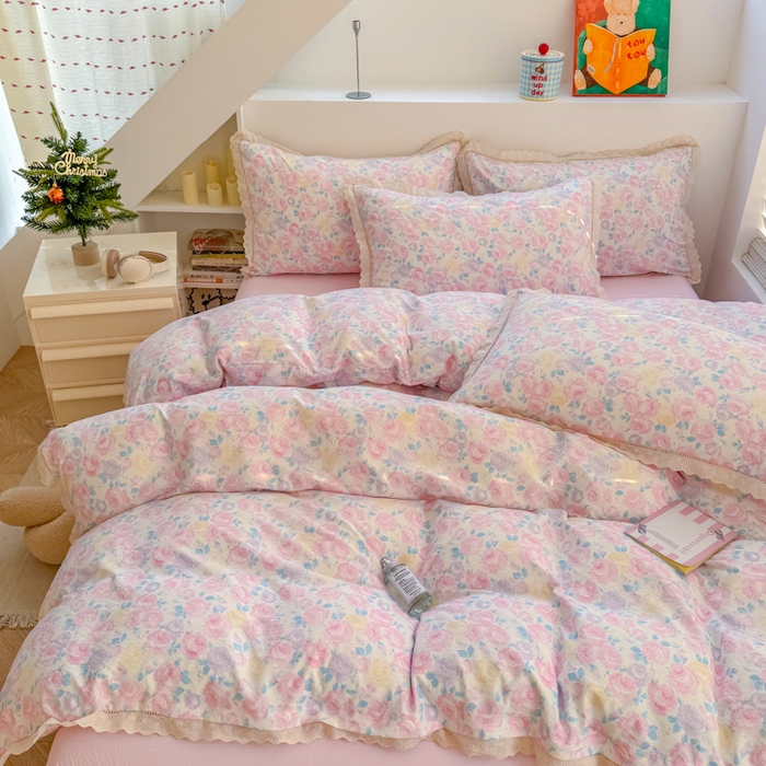 91家纺网 家纺一手货源 找家纺 森璐家纺 2025新款亲肤舒适云感双层纱镂空花边四件套 花边款-晚香语