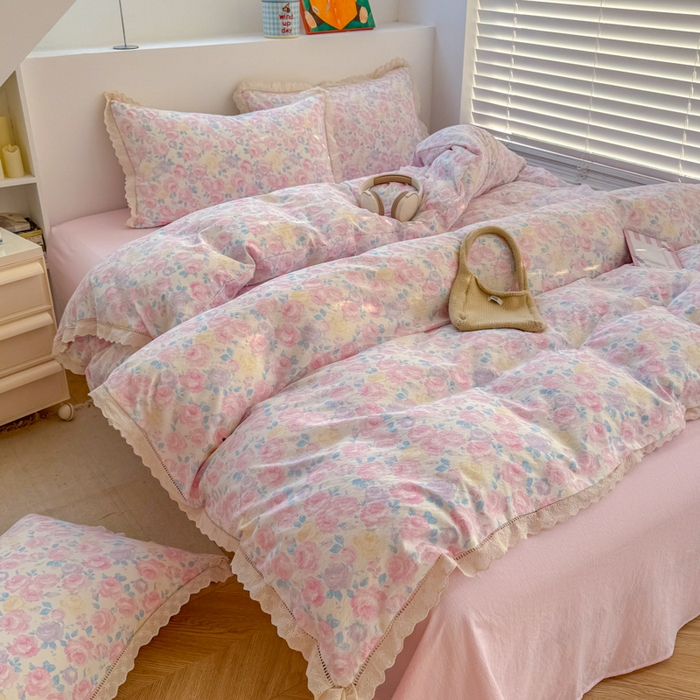 91家纺网 家纺一手货源 找家纺 森璐家纺 2025新款亲肤舒适云感双层纱镂空花边四件套 花边款-晚香语