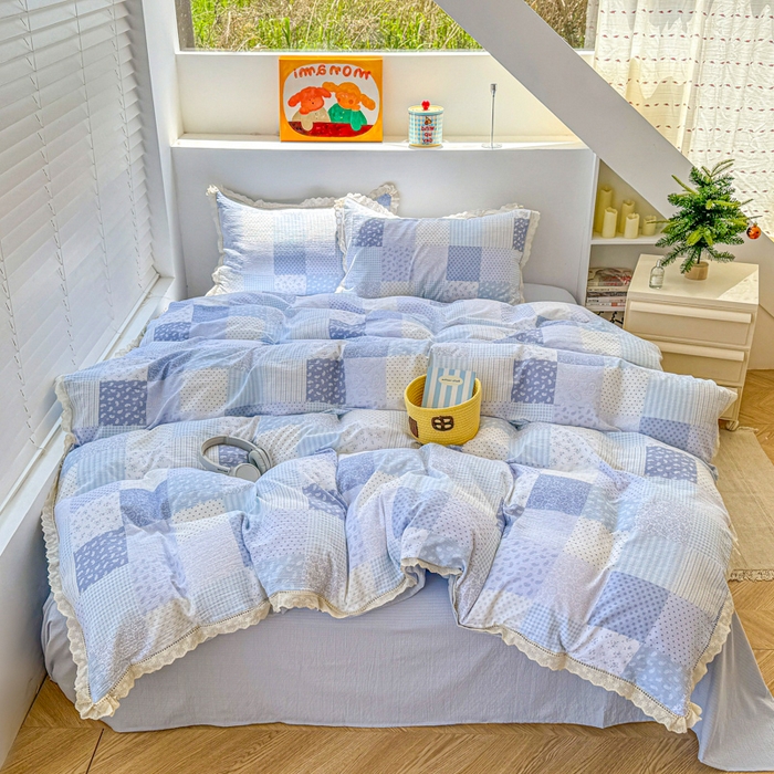 91家纺网 家纺一手货源 找家纺 森璐家纺 2025新款亲肤舒适云感双层纱镂空花边四件套 花边款-半亩花园