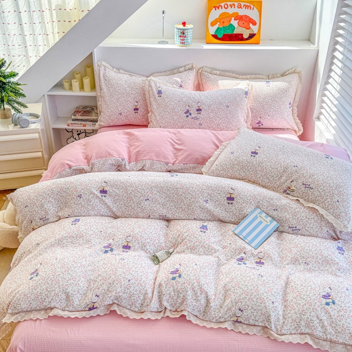 91家纺网 家纺一手货源 找家纺 （总）森璐家纺 2025新款亲肤舒适云感双层纱镂空花边四件套