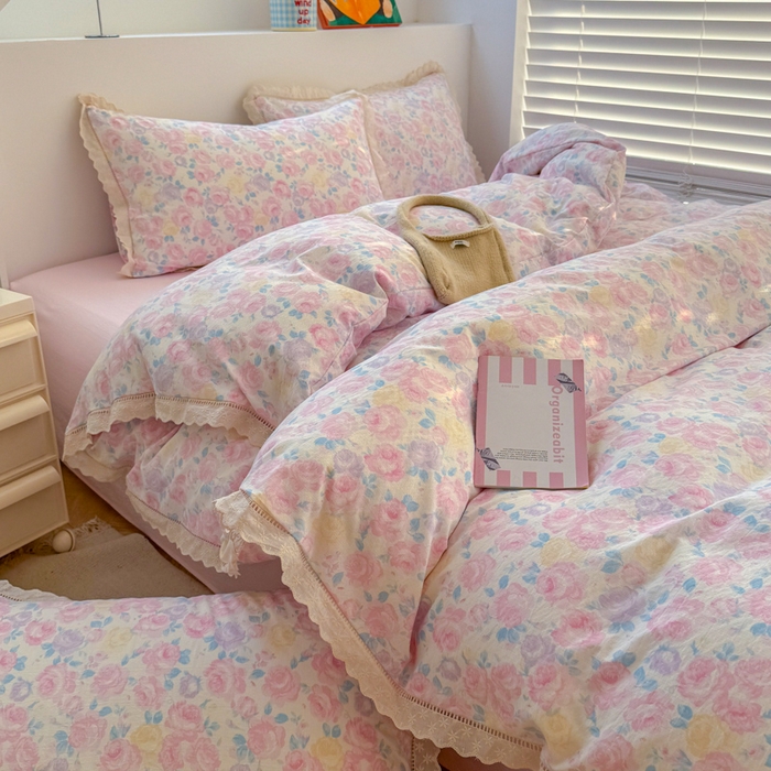 91家纺网 家纺一手货源 找家纺 森璐家纺 2025新款亲肤舒适云感双层纱镂空花边四件套 花边款-晚香语