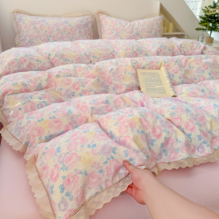 91家纺网 家纺一手货源 找家纺 森璐家纺 2025新款亲肤舒适云感双层纱镂空花边四件套 花边款-晚香语