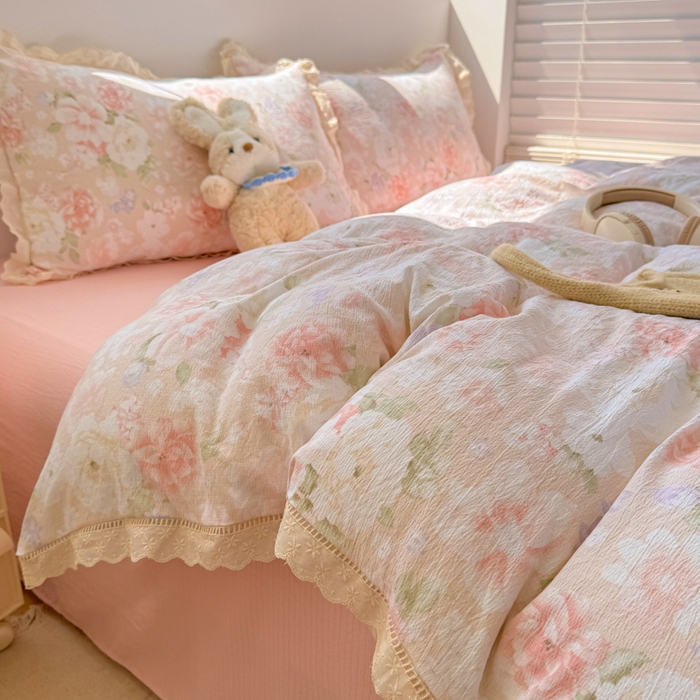 森璐家纺 2025新款亲肤舒适云感双层纱镂空花边四件套 花边款-絮yu