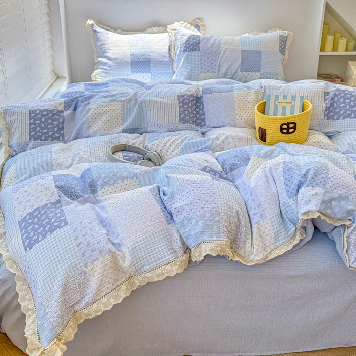 91家纺网 家纺一手货源 找家纺 森璐家纺 2025新款亲肤舒适云感双层纱镂空花边四件套 花边款-半亩花园