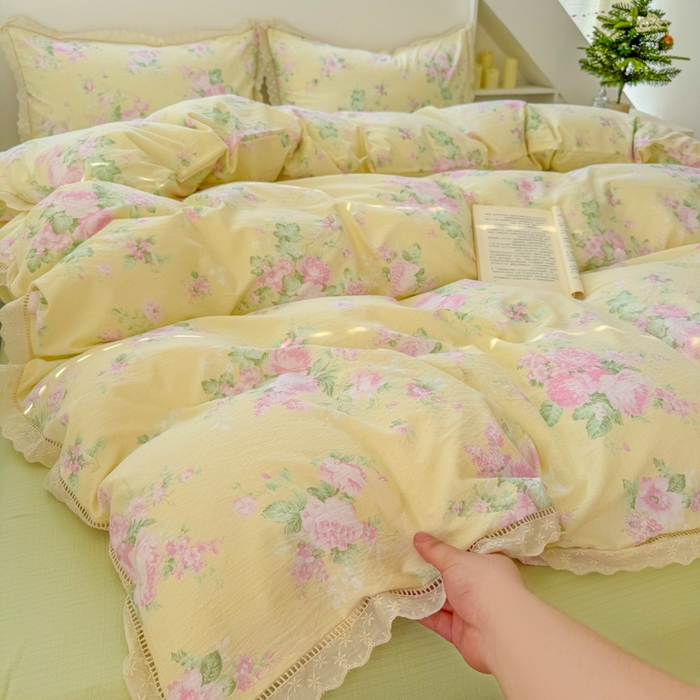 91家纺网 家纺一手货源 找家纺 森璐家纺 2025新款亲肤舒适云感双层纱镂空花边四件套 花边款-安娜花园