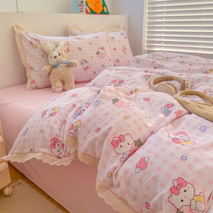 森璐家纺 2025新款亲肤舒适云感双层纱镂空花边四件套 花边款-甜心喵咪