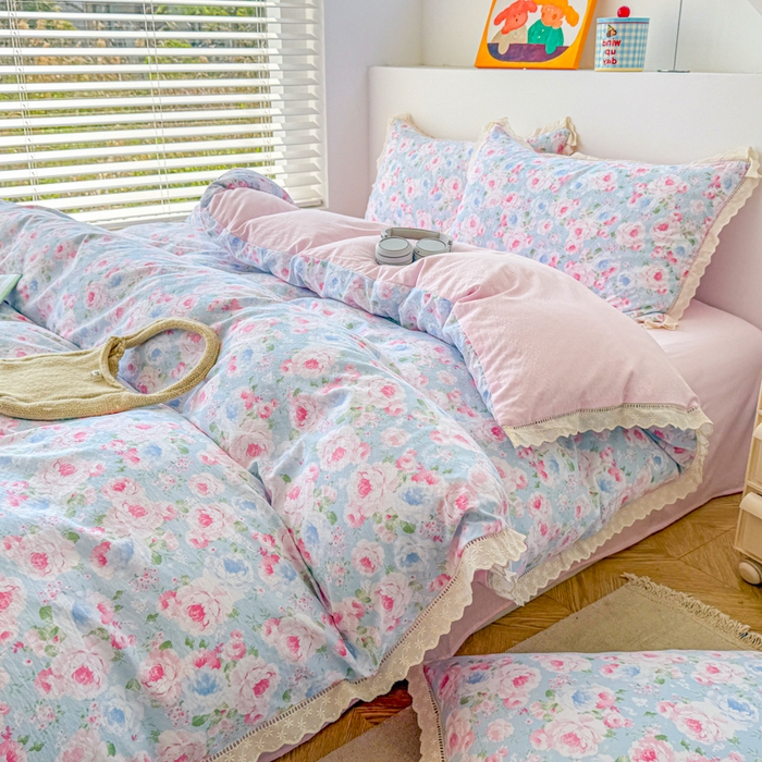 91家纺网 家纺一手货源 找家纺 森璐家纺 2025新款亲肤舒适云感双层纱镂空花边四件套 花边款-悠悠野