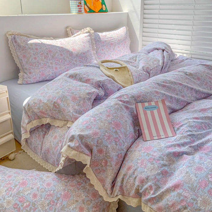 91家纺网 家纺一手货源 找家纺 森璐家纺 2025新款亲肤舒适云感双层纱镂空花边四件套 花边款-蓝萱儿