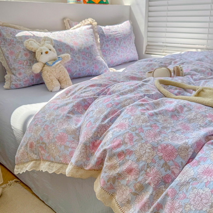 森璐家纺 2025新款亲肤舒适云感双层纱镂空花边四件套 花边款-蓝萱儿