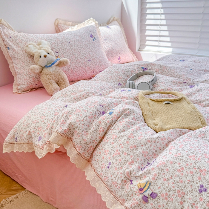 森璐家纺 2025新款亲肤舒适云感双层纱镂空花边四件套 花边款-兔好时光