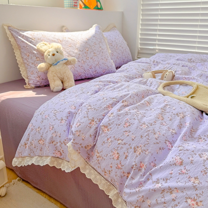 森璐家纺 2025新款亲肤舒适云感双层纱镂空花边四件套 花边款-紫色花漫