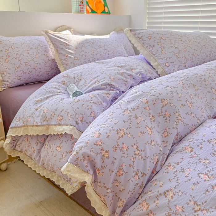 91家纺网 家纺一手货源 找家纺 森璐家纺 2025新款亲肤舒适云感双层纱镂空花边四件套 花边款-紫色花漫