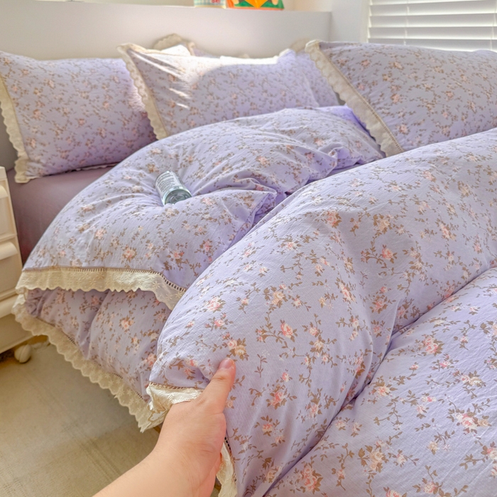 91家纺网 家纺一手货源 找家纺 森璐家纺 2025新款亲肤舒适云感双层纱镂空花边四件套 花边款-紫色花漫