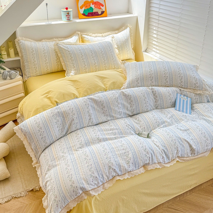 91家纺网 家纺一手货源 找家纺 森璐家纺 2025新款亲肤舒适云感双层纱镂空花边四件套 花边款-lk庄园