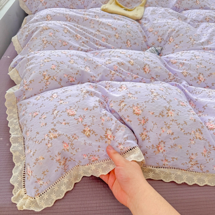 91家纺网 家纺一手货源 找家纺 森璐家纺 2025新款亲肤舒适云感双层纱镂空花边四件套 花边款-紫色花漫