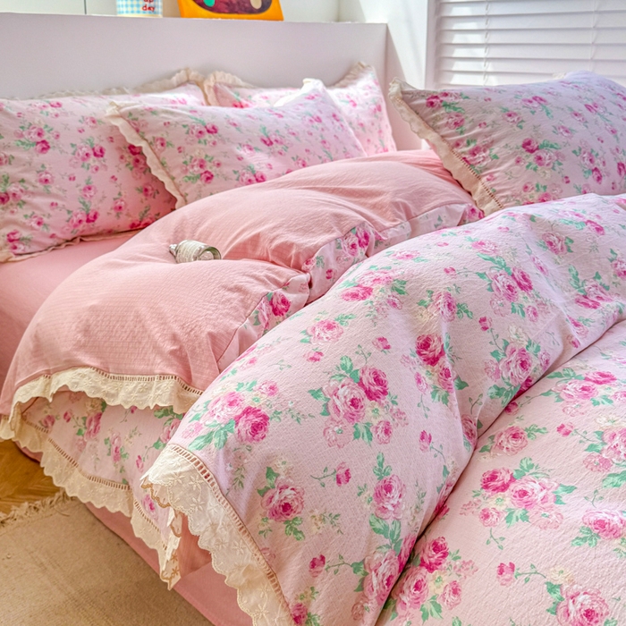 91家纺网 家纺一手货源 找家纺 森璐家纺 2025新款亲肤舒适云感双层纱镂空花边四件套 花边款-蔷薇