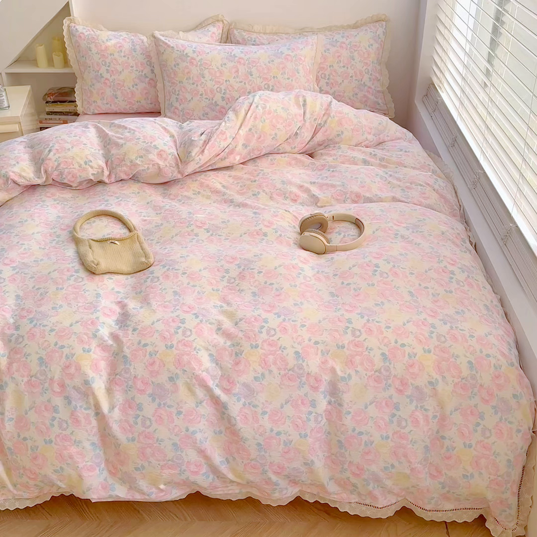 91家纺网 家纺一手货源 找家纺 森璐家纺 2025新款亲肤舒适云感双层纱镂空花边四件套 花边款-晚香语