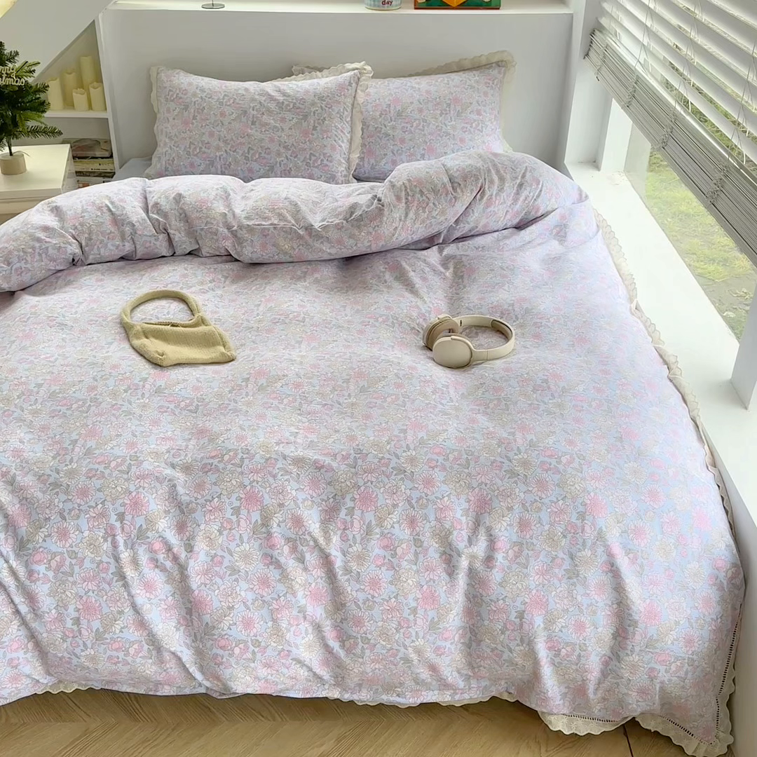 91家纺网 家纺一手货源 找家纺 森璐家纺 2025新款亲肤舒适云感双层纱镂空花边四件套 花边款-蓝萱儿