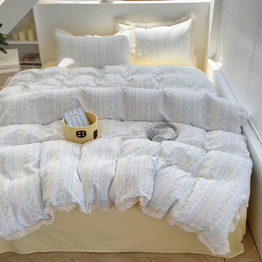 91家纺网 家纺一手货源 找家纺 森璐家纺 2025新款亲肤舒适云感双层纱镂空花边四件套 花边款-lk庄园