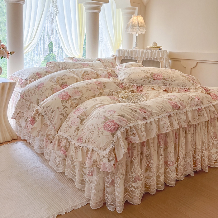 91家纺网 家纺一手货源 找家纺 瑞宝 2025新款法式全棉纯棉印花床裙三件套 美娜庄园