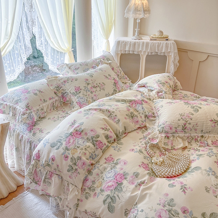 91家纺网 家纺一手货源 找家纺 瑞宝 2025新款法式全棉纯棉印花床裙三件套 可妮露