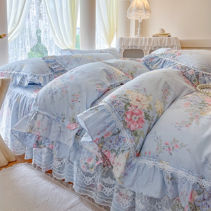 91家纺网 家纺一手货源 找家纺 瑞宝 2025新款法式全棉纯棉印花床裙三件套 栀夏海棠