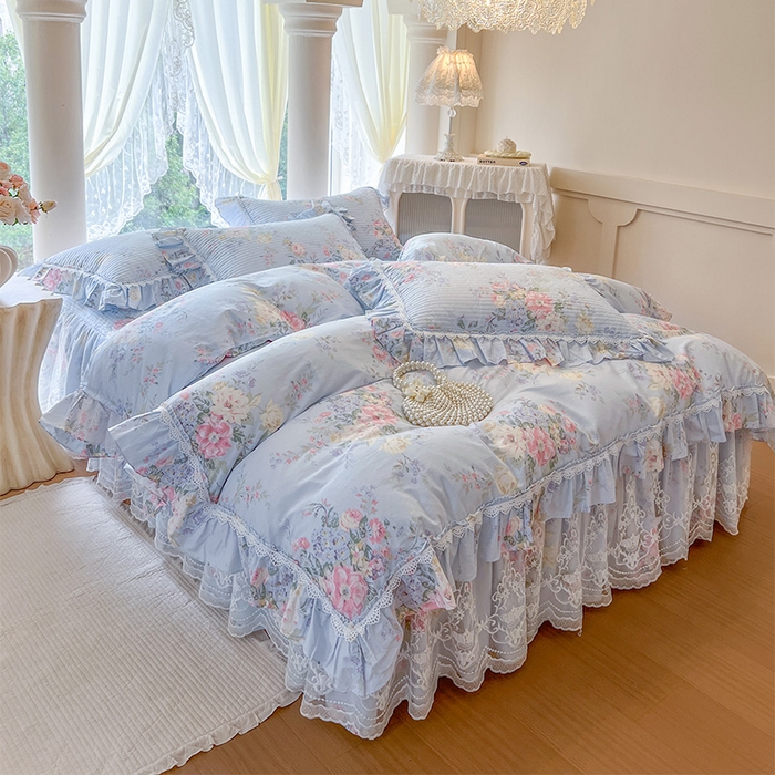 91家纺网 家纺一手货源 找家纺 瑞宝 2025新款法式全棉纯棉印花床裙三件套 栀夏海棠