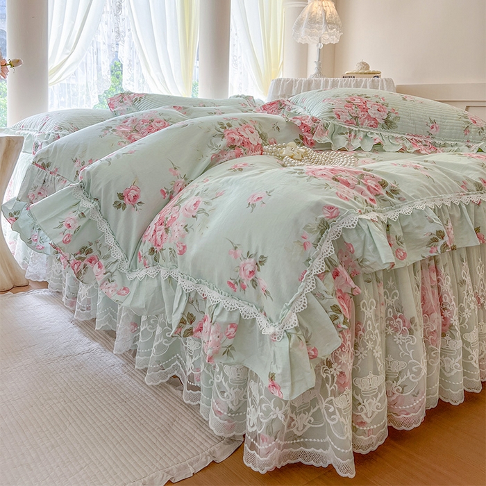 91家纺网 家纺一手货源 找家纺 瑞宝 2025新款法式全棉纯棉印花床裙三件套 罗微