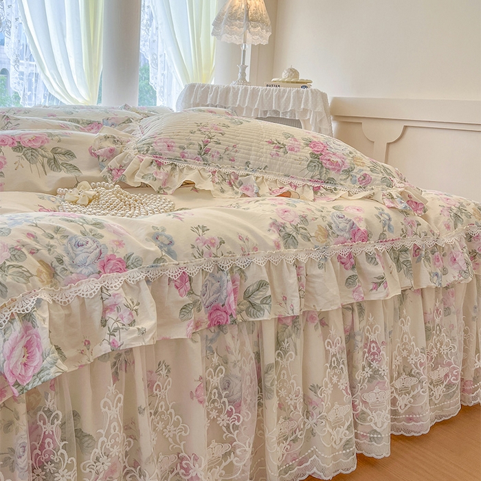 91家纺网 家纺一手货源 找家纺 瑞宝 2025新款法式全棉纯棉印花床裙三件套 可妮露