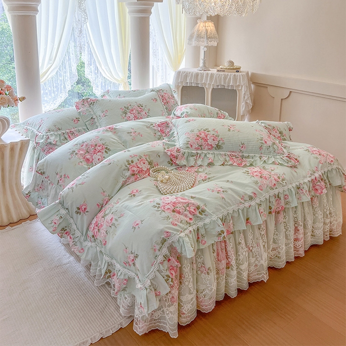 91家纺网 家纺一手货源 找家纺 瑞宝 2025新款法式全棉纯棉印花床裙三件套 罗微